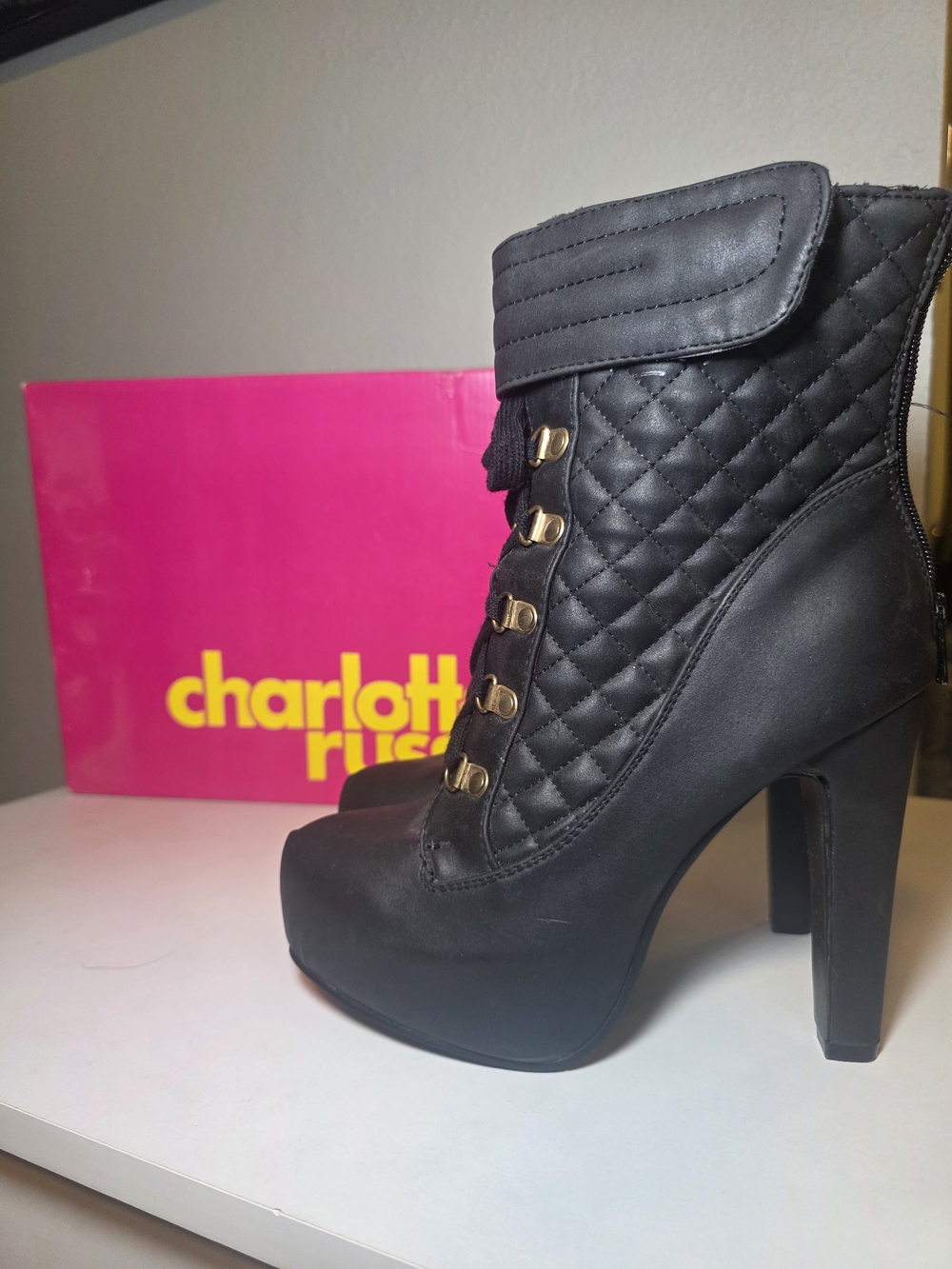 Charlotte Russe Black Quilted Lace-Up Platform Ankle Boots
